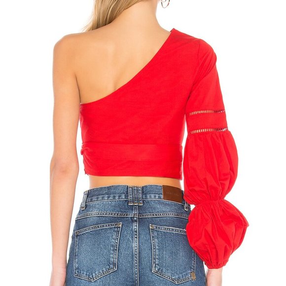 Revolve Tularosa One Shoulder Asymmetrical Cropped Bow Red Lola Blouse - Size XS - Picture 3 of 7